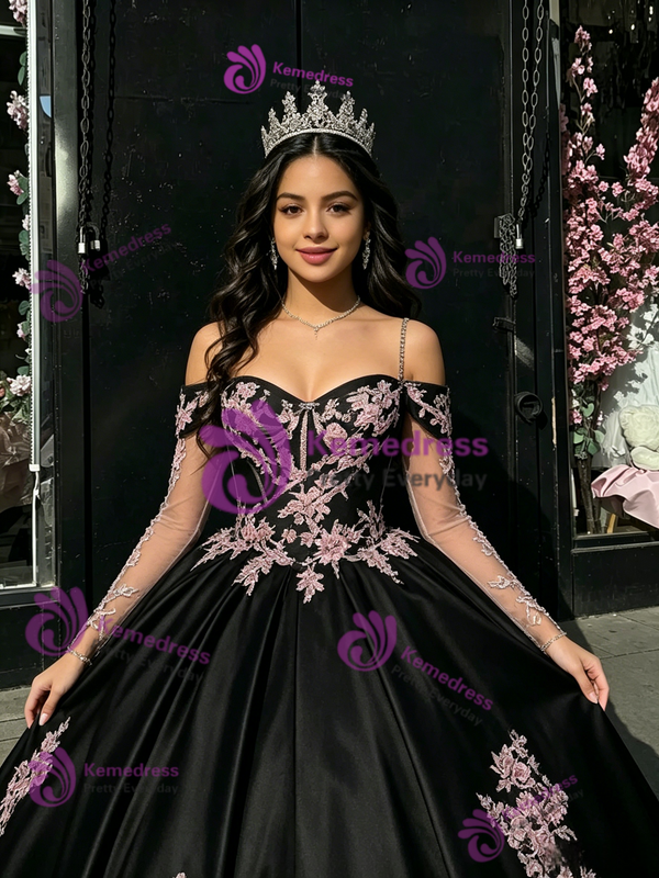 Black Satin Straps Appliques Quinceanera Dress