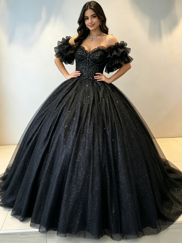 Blakc Tulle Off the Shoulder Sequins Quinceanera Dress