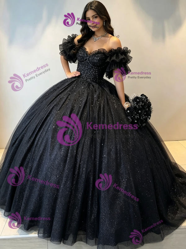 Blakc Tulle Off the Shoulder Sequins Quinceanera Dress