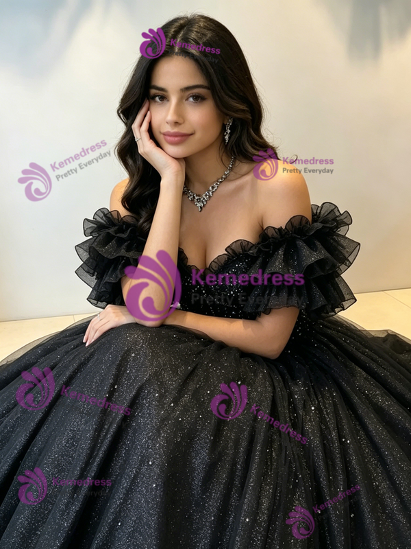 Blakc Tulle Off the Shoulder Sequins Quinceanera Dress