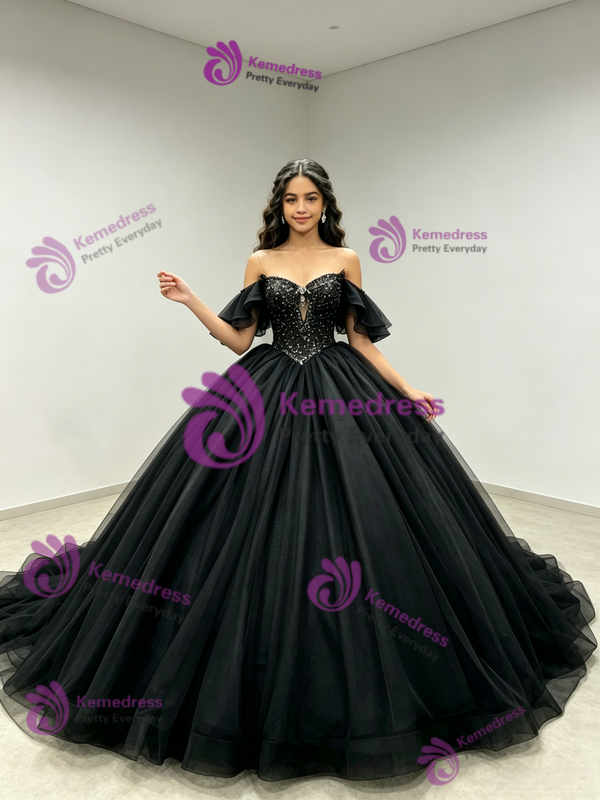 Black Tulle Off the Shoulder Beading Quinceanera Dress