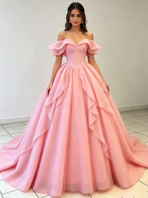 Pink Tulle Offthe Shoulder Quinceanera Dress