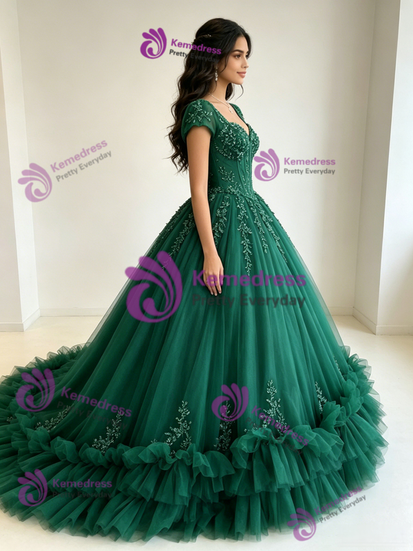 Green Tulle Square Neck Appliques Quinceanera Dress