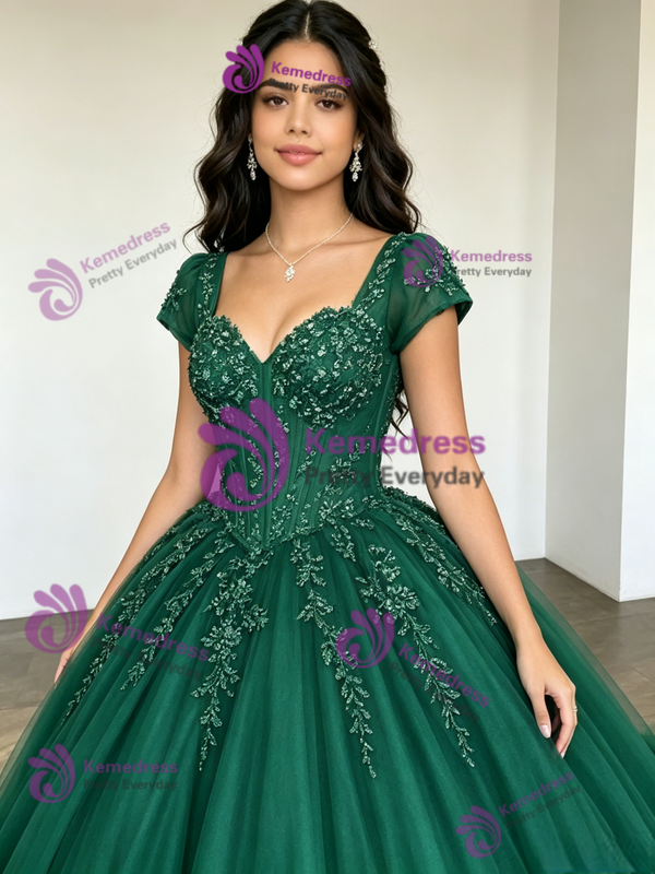 Green Tulle Square Neck Appliques Quinceanera Dress