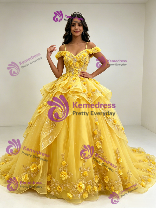 Yellow Tulle Straps 3D Appliques Quinceanera Dress