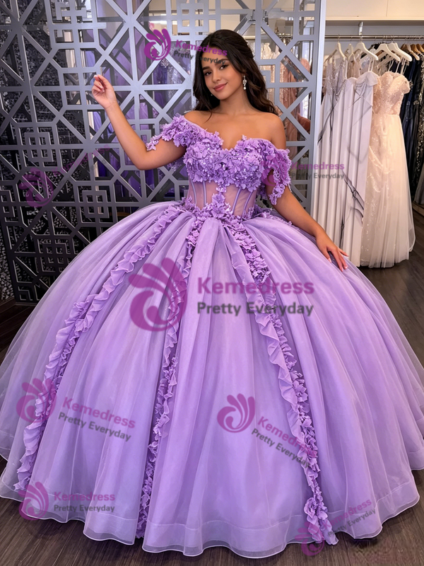 Purple Short Sleeve Appliques Quinceanera Dress