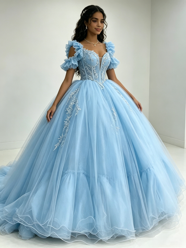 Light Blue Tulle Straps Appliques Quinceanera Dress