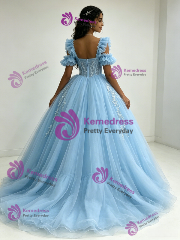 Light Blue Tulle Straps Appliques Quinceanera Dress