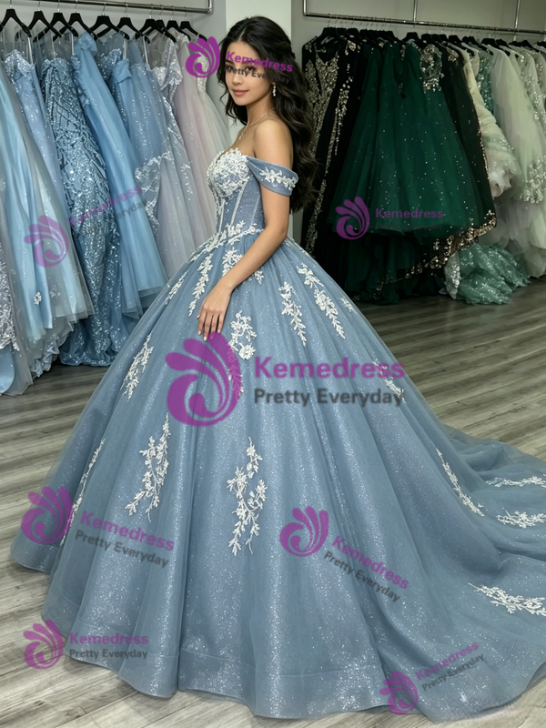 Blue Tulle Off the Shoulder Appliques Quinceanera Dress