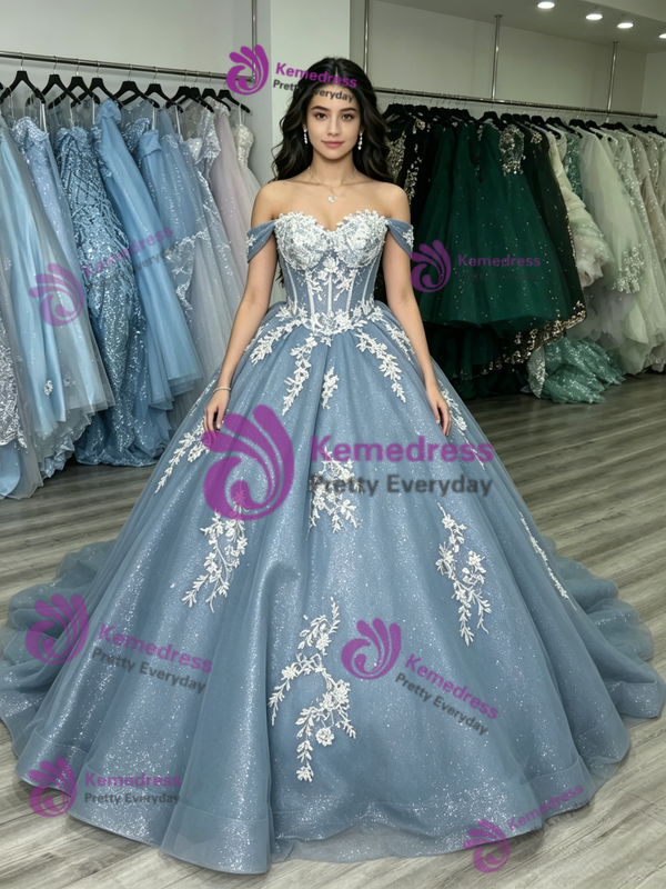 Blue Tulle Off the Shoulder Appliques Quinceanera Dress