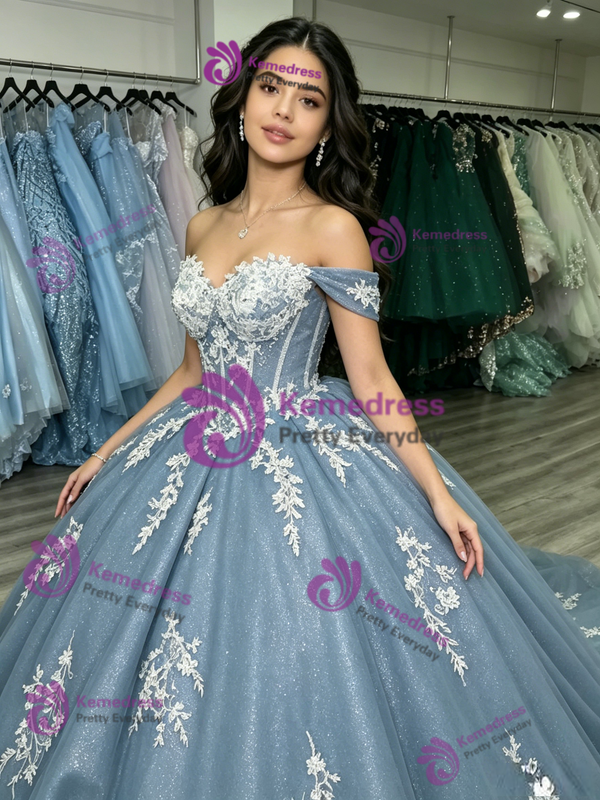Blue Tulle Off the Shoulder Appliques Quinceanera Dress