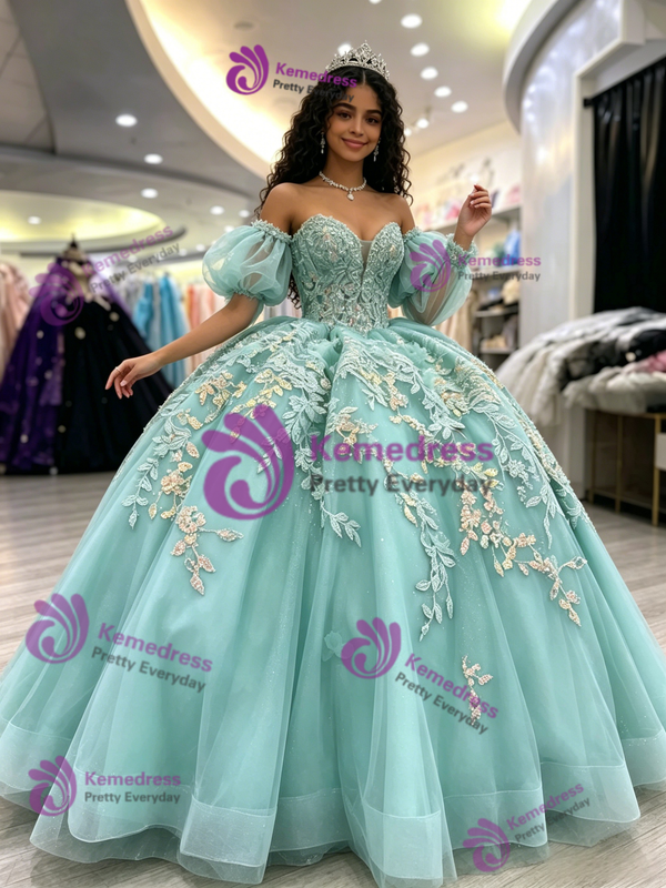 Light Blue Tulle Straps Appliques Quinceanera Dress