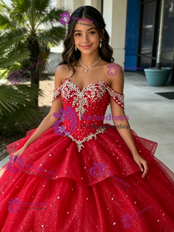 Red Tulle Sequins Long Sleeve Beading Quinceanera Dress