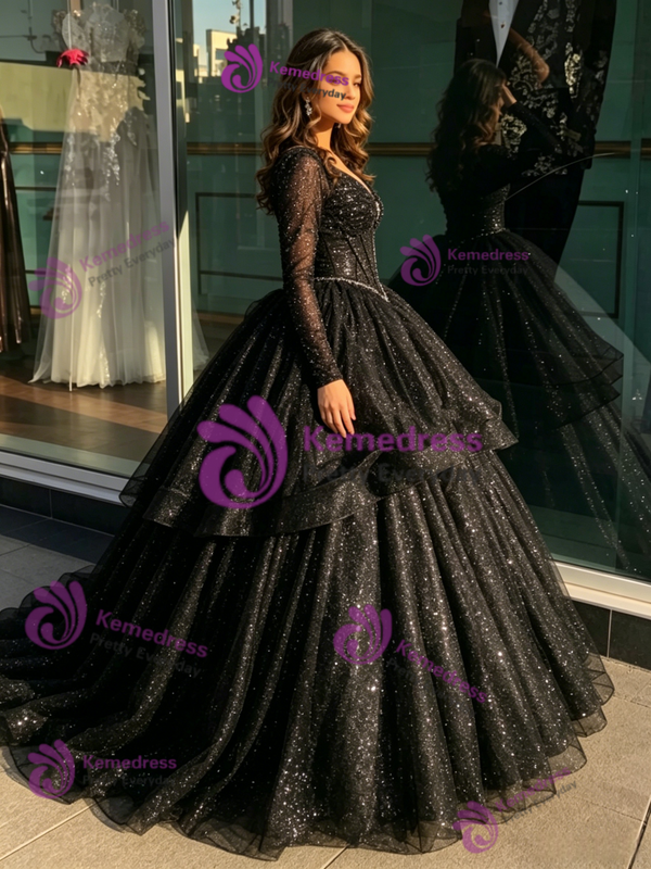 Black Tulle Sequins Long Sleeve Quinceanera Dress