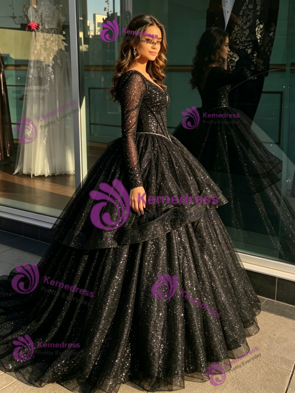 Black Tulle Sequins Long Sleeve Quinceanera Dress
