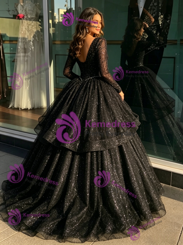 Black Tulle Sequins Long Sleeve Quinceanera Dress