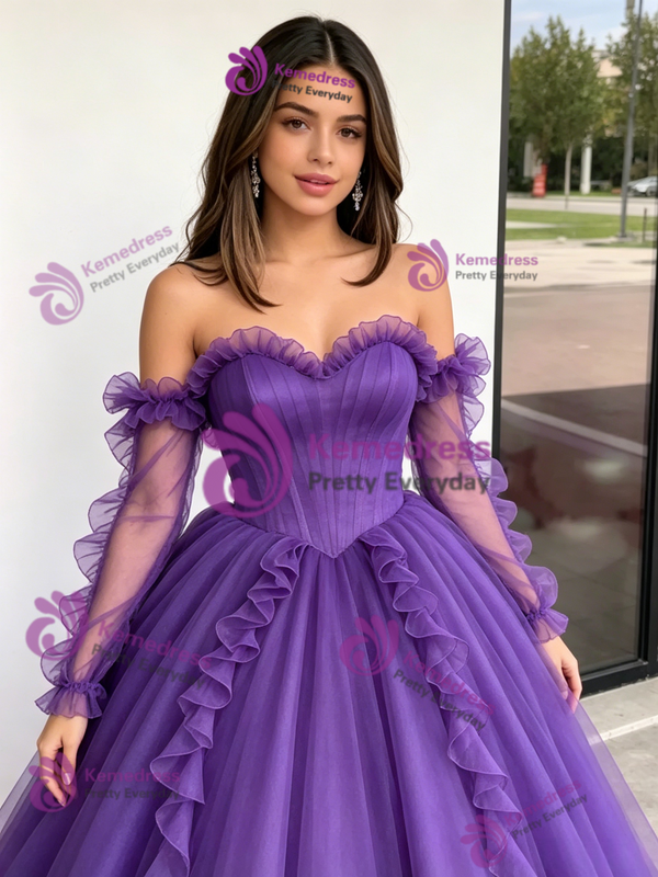 Purple Tulle Strapless Quinceanera Dress