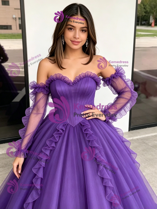 Purple Tulle Strapless Quinceanera Dress