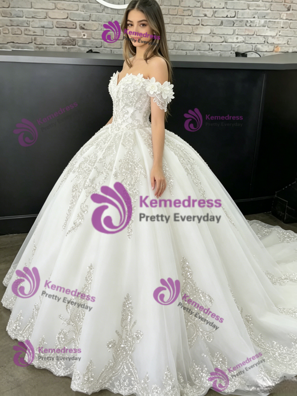 White Tulle Off The Shoulder Flower Quinceanera Dress