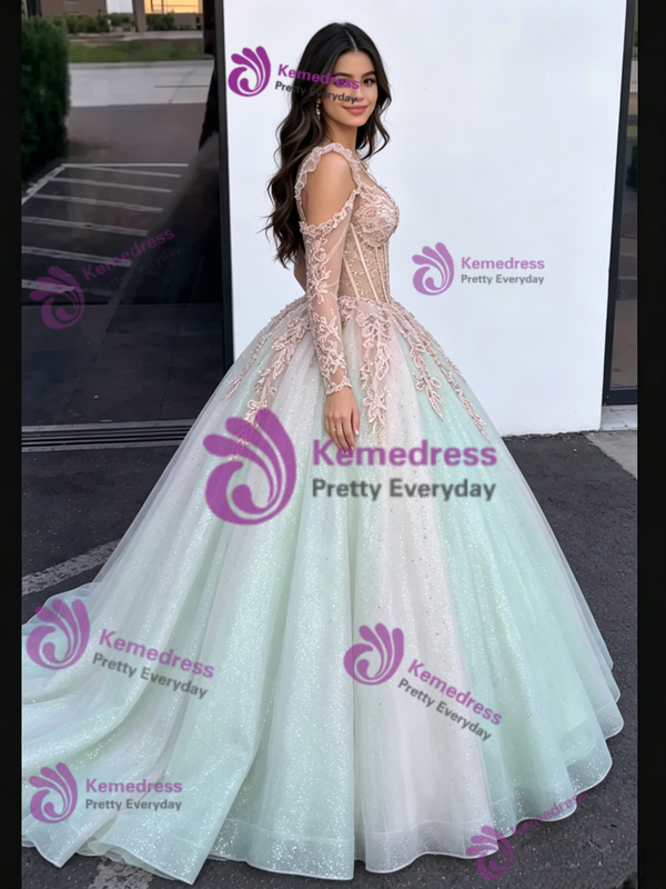 Green Tulle Straps Long Sleeve Quinceanera Dress