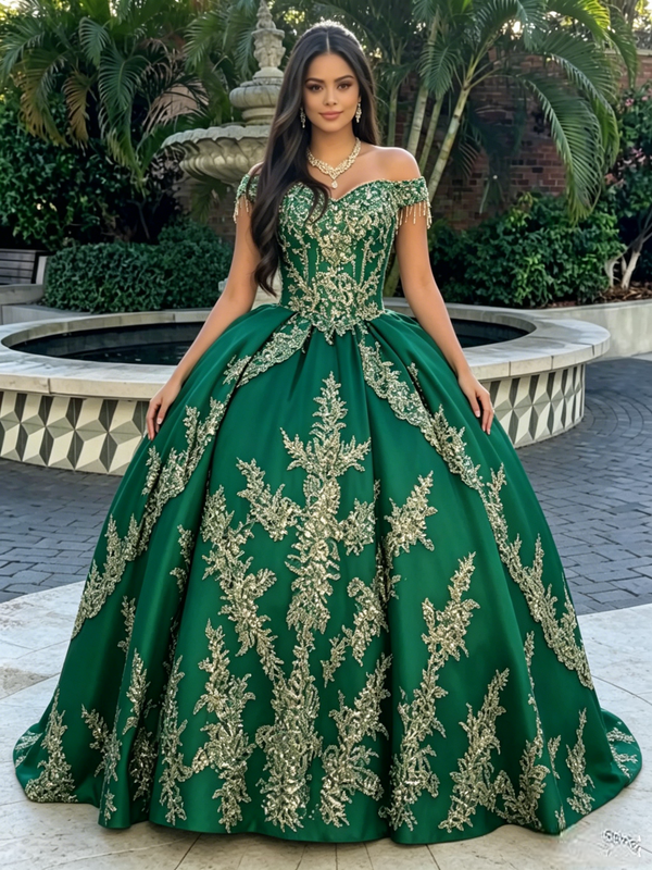 Green Tulle Off The Shoulder Quinceanera Dress