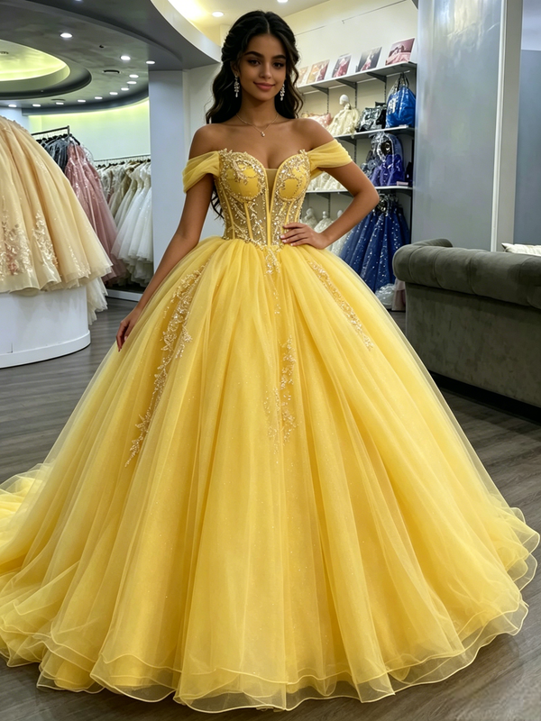 Yellow Tulle Off the Shoulder Appliques Quinceanera Dress