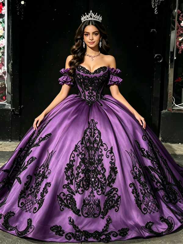 Purple Off The Shoulder Lace Appliques Quinceanera Dress
