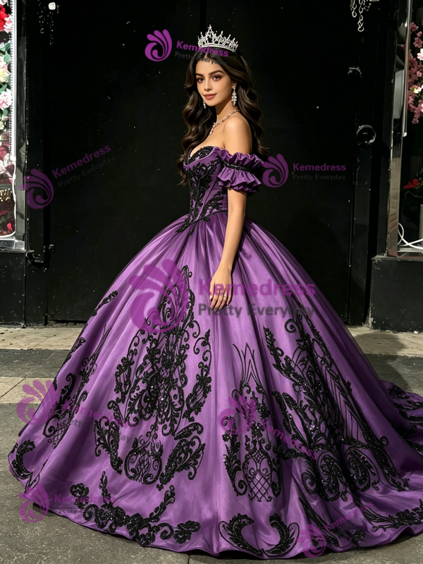 Purple Off The Shoulder Lace Appliques Quinceanera Dress