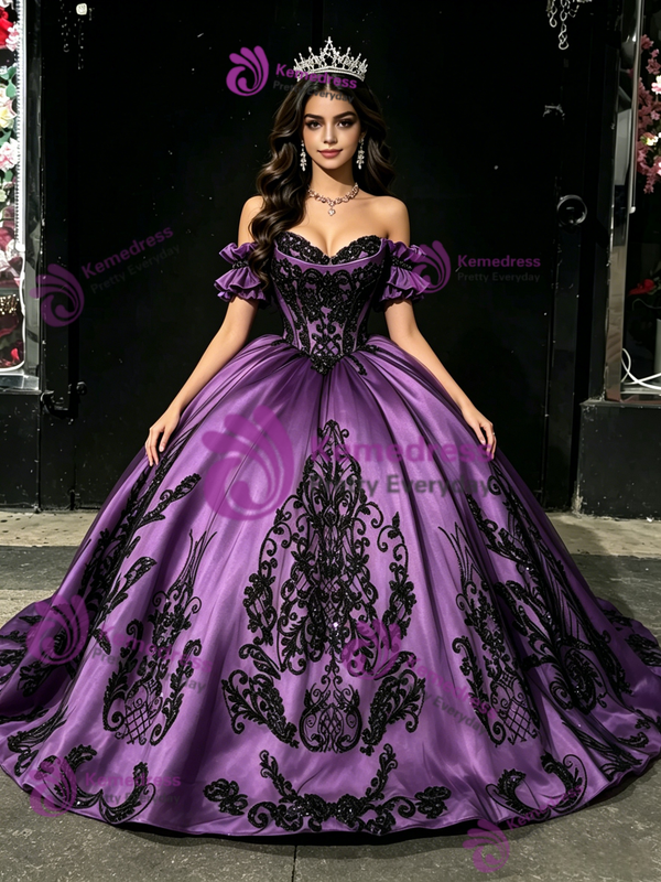 Purple Off The Shoulder Lace Appliques Quinceanera Dress