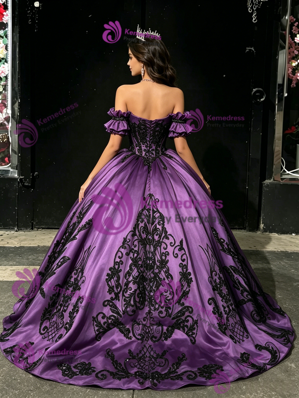Purple Off The Shoulder Lace Appliques Quinceanera Dress