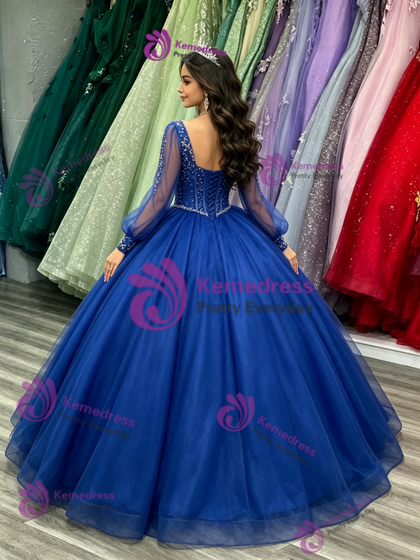 Blue Tulle V-neck Long Sleeve Beading Quinceanera Dress