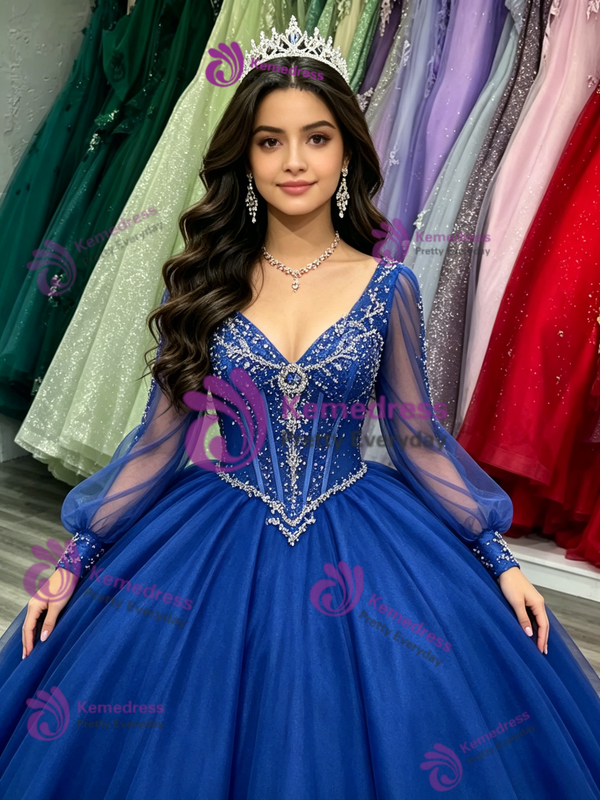 Blue Tulle V-neck Long Sleeve Beading Quinceanera Dress