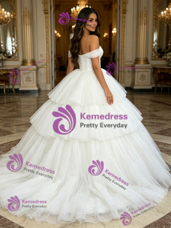 White Tulle Off the Shoulder Tiers Quinceanera Dress