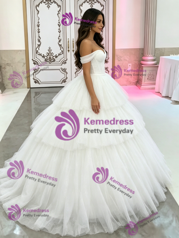 White Tulle Off the Shoulder Tiers Quinceanera Dress