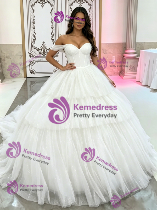 White Tulle Off the Shoulder Tiers Quinceanera Dress