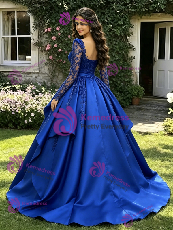 Blue Satin Long Sleeve Appliques Quinceanera Dress