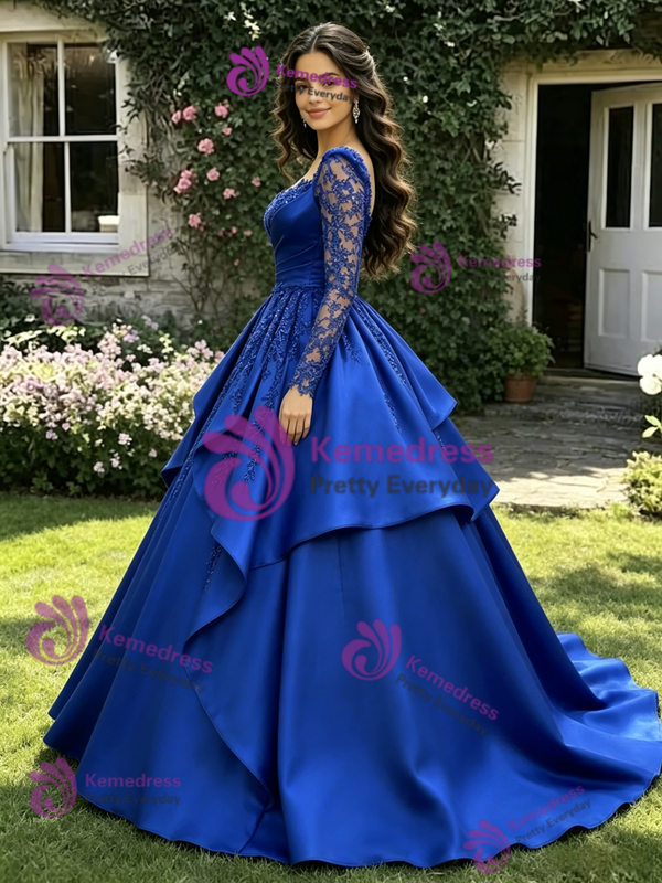 Blue Satin Long Sleeve Appliques Quinceanera Dress