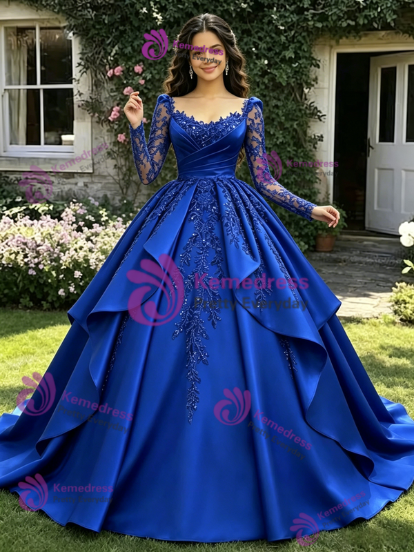 Blue Satin Long Sleeve Appliques Quinceanera Dress