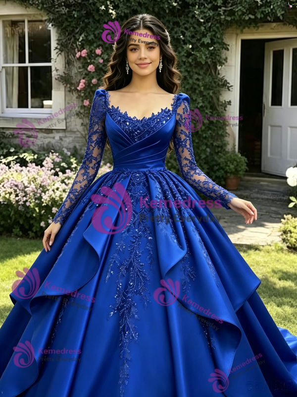 Blue Satin Long Sleeve Appliques Quinceanera Dress