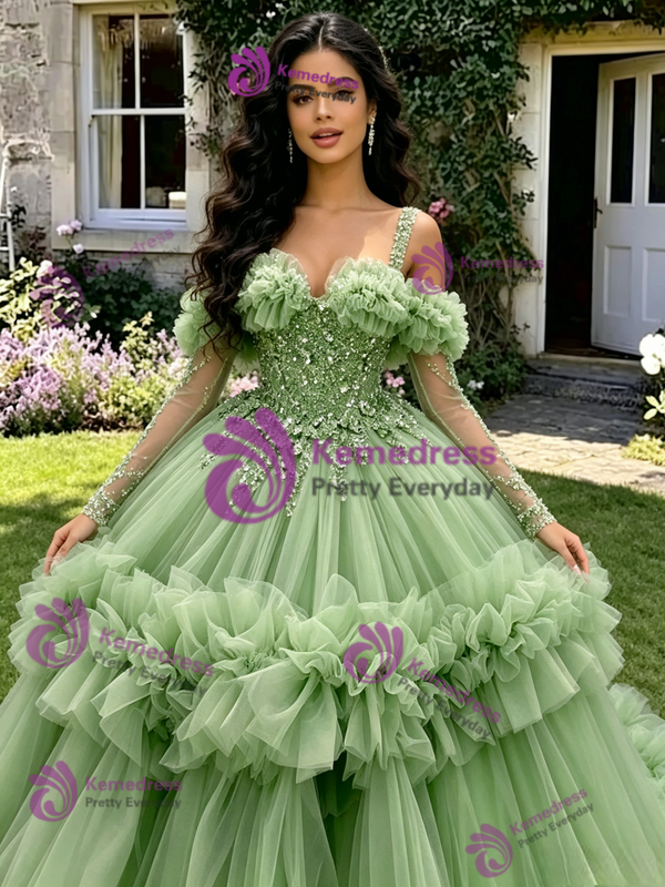 Green Tulle Straps Long Sleeve Quinceanera Dress