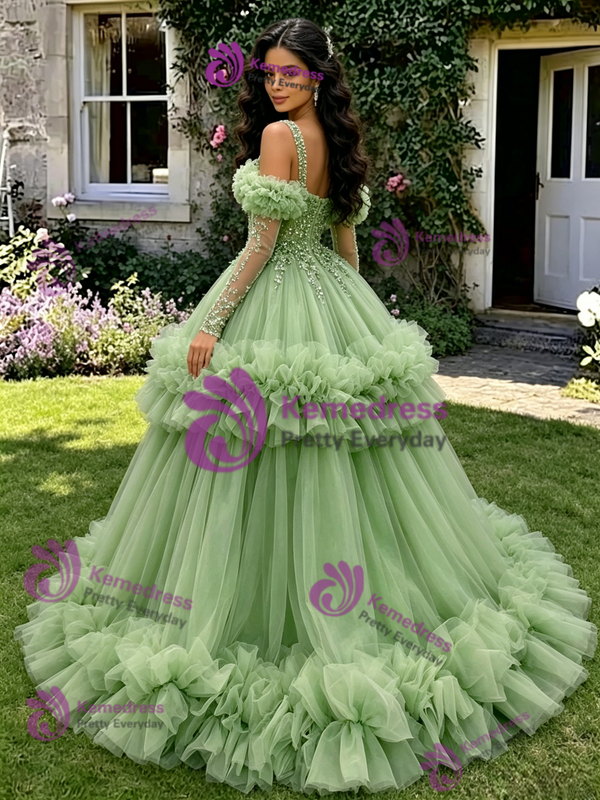 Green Tulle Straps Long Sleeve Quinceanera Dress