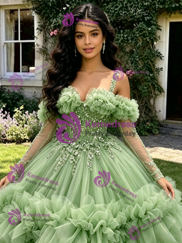Green Tulle Straps Long Sleeve Quinceanera Dress