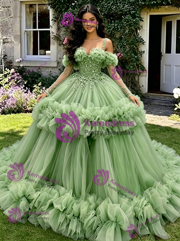 Green Tulle Straps Long Sleeve Quinceanera Dress