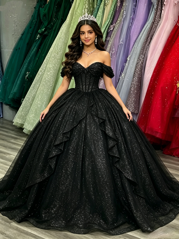 Black Sequins Off the Shoulder Quinceanera Dress