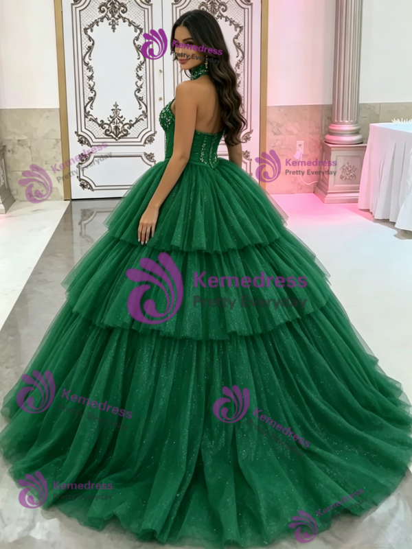 Green Tulle Halter Tiers Appliques Quinceanera Dress
