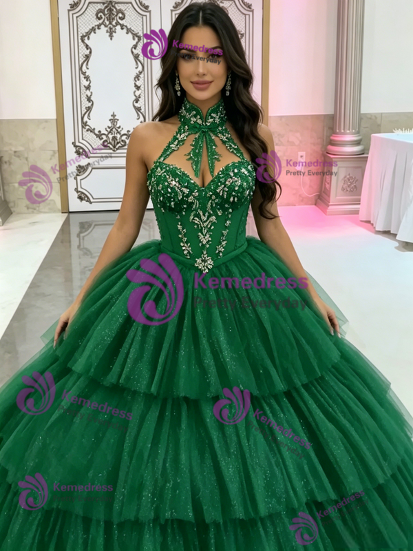 Green Tulle Halter Tiers Appliques Quinceanera Dress