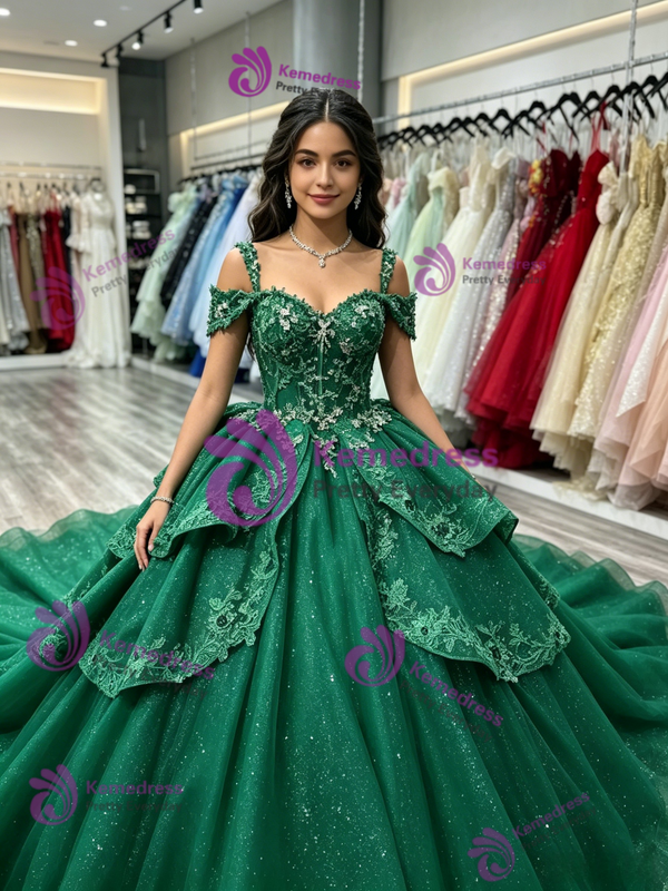 Green Tulle Straps Appliques Quinceanera Dress