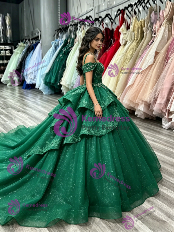 Green Tulle Straps Appliques Quinceanera Dress