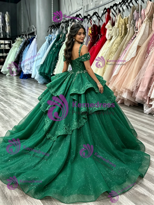 Green Tulle Straps Appliques Quinceanera Dress