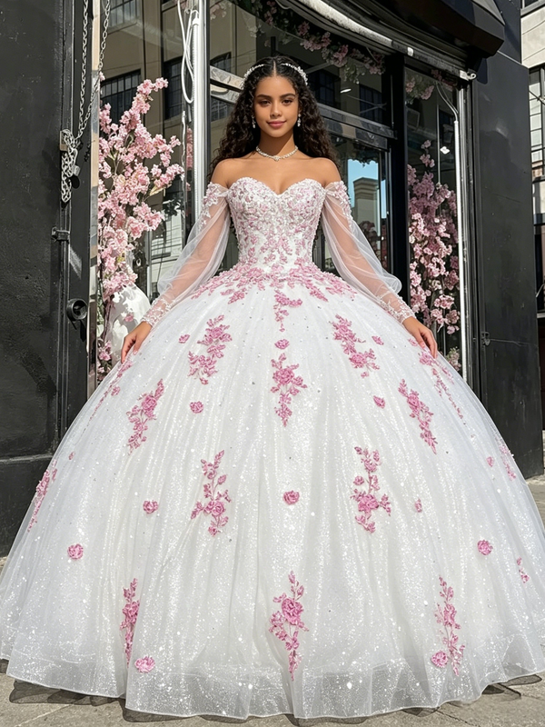 White Sequins Long Sleeve Appliques Quinceanera Dress